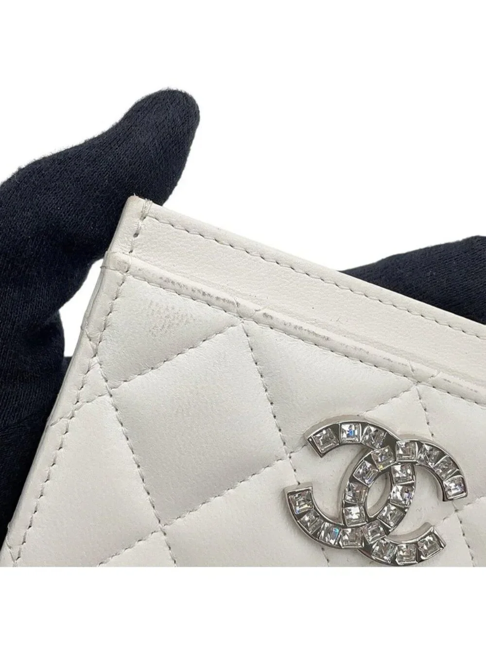 Chanel Card Case Quilted CC Logo Rhinestone Lambskin Set Era Business White